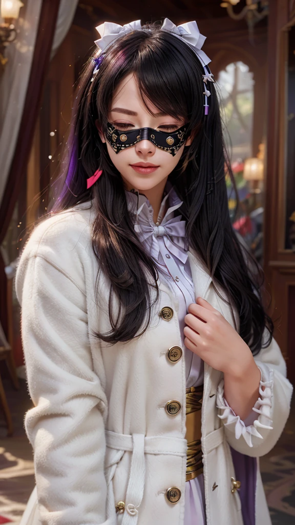 ((custom-eye-mask)), ((patterned mask)), ((patterned eye mask)), string hair ribbon, purple hair, ((realistic)), ((photorealisim)), ((photorealistic)), ((cosplay)), ((real life)), 1girl, solo, closed eyes, black hair, multicolored hair, blush, fur trim, fur-trimmed coat, smile, coat, purple hair, long hair, ((eye mask)), bangs, closed mouth, bow, flying sweatdrops, white coat, ribbon, bandages, two-tone hair, upper body, white bow, hair ornament