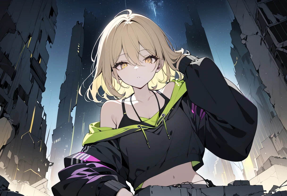 1 woman, masterpiece,  best quality, Beauty, Golden Eyes,  blonde hair, Accent Color Black ,  Drop Shoulder Super Crop Drawstring Hoodie, Cami Top , Ruins at night