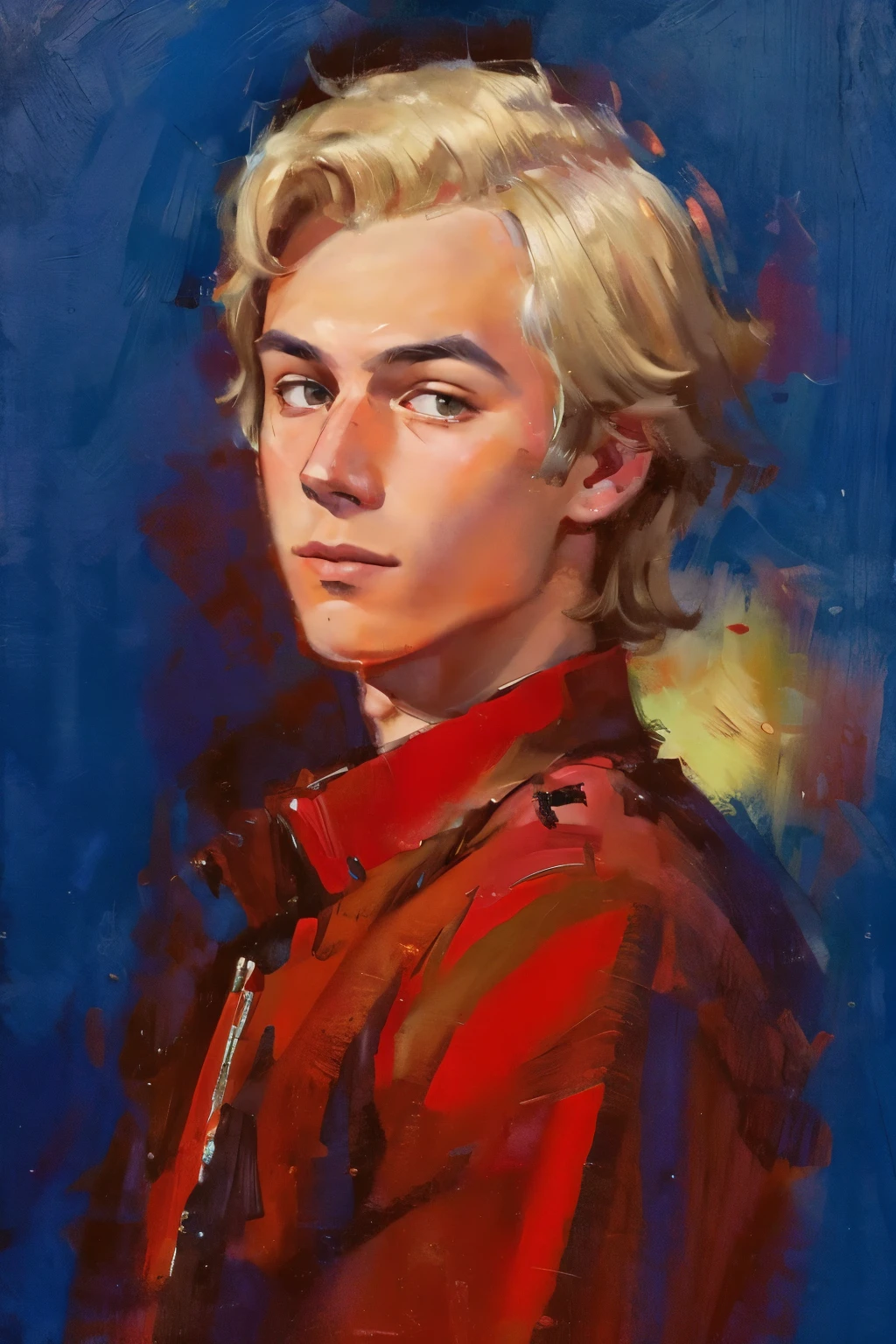 , blonde hair, tired eyes, rich red clothes, nieve, Cosmic ash, Fuego, portrait