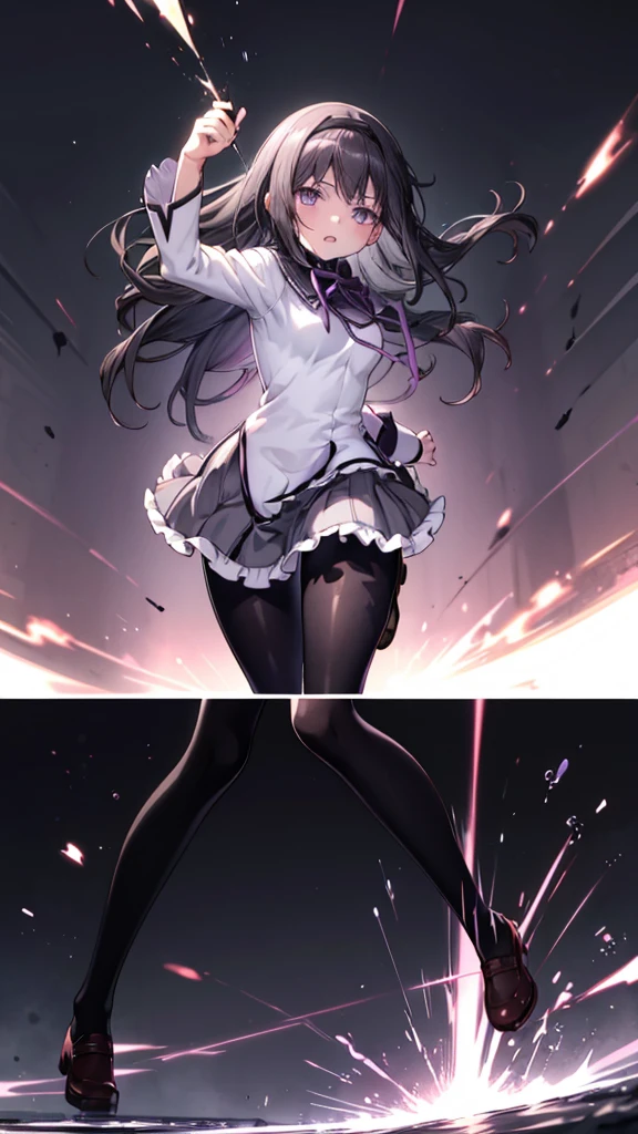 ((full body)), 1 girl,   anime girl ,  best quality,  has thick thighs，wallpaper, School, ,  Fascinating ,  Homura Akemi, Flame， black tights， pose， action，During combat， Fighting Stance , action pose,[attack,moving line, motion blur,Blast Wave , low angle ，From below，Blushing ，The right foot，Accentuate your legs，Kick