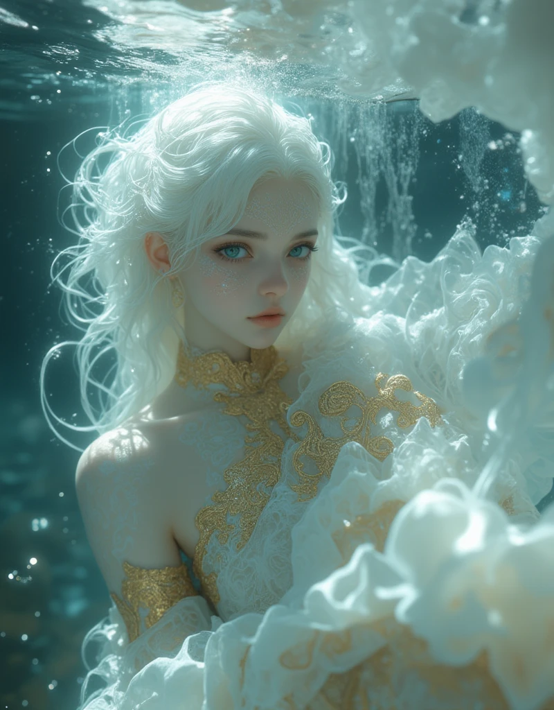 (white style),Hyper-realistic portrait of an ethereal, beautiful woman with striking blue eyes and flowing white hair, wearing a extremely detailed gold gothic long-dress. She is under water and her beautiful long hair is flowing in the water . The sunlight shines into water , casts her body and face soft and gently under water . 