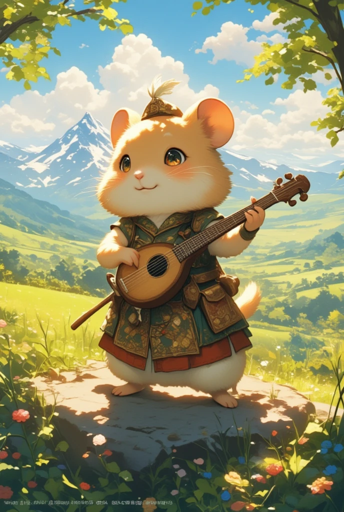 Craft an enchanting image of a valiant hamster, styled in a fantasy-themed bardic costume as it ventures through a world reminiscent of Final Fantasy. This small and endearing hero is adorned with a patchwork cloak designed with tiny, enchanted symbols, a jaunty, plumed hat elegantly tilted to one side, and a sparkling satchel for storing potions and scrolls. The scene unfolds in a dreamlike Pastoral Idyll, a mosaic of vibrant meadows, gentle hills, and soft, golden-hued fields. In this cinematic vista, ancient oak trees with sprawling branches tower majestically over the landscape, their leaves rustling with secrets of old. The hamster, a beacon of charm and music, pauses by a circle of toadstools, where it performs with an exquisite ocarina. Its notes seem to summon the very spirit of the earth, with butterflies and birds gathering to listen. Glowing fireflies add luminescent accents to the scene as dusk settles in, marking the sky with shades of lavender and deep azure. Encapsulated in a watercolor style, the image should evoke warmth, gentleness, and the allure of fantastical exploration.