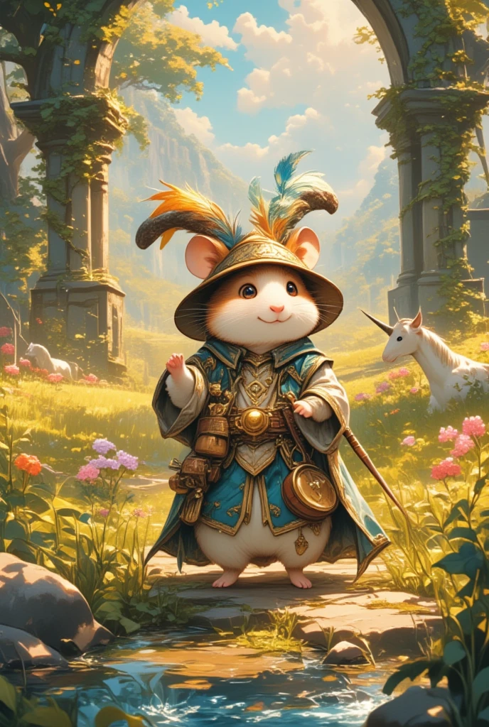 Craft an enchanting image of a valiant hamster, styled in a fantasy-themed bardic costume as it ventures through a world reminiscent of Final Fantasy. This small and endearing hero is adorned with a patchwork cloak designed with tiny, enchanted symbols, a jaunty, plumed hat elegantly tilted to one side, and a sparkling satchel for storing potions and scrolls. The scene unfolds in a dreamlike Pastoral Idyll, a mosaic of vibrant meadows, gentle hills, and soft, golden-hued fields. In this cinematic vista, ancient oak trees with sprawling branches tower majestically over the landscape, their leaves rustling with secrets of old. The hamster, a beacon of charm and music, pauses by a circle of toadstools, where it performs with an exquisite ocarina. Its notes seem to summon the very spirit of the earth, with butterflies and birds gathering to listen. Glowing fireflies add luminescent accents to the scene as dusk settles in, marking the sky with shades of lavender and deep azure. Encapsulated in a watercolor style, the image should evoke warmth, gentleness, and the allure of fantastical exploration.