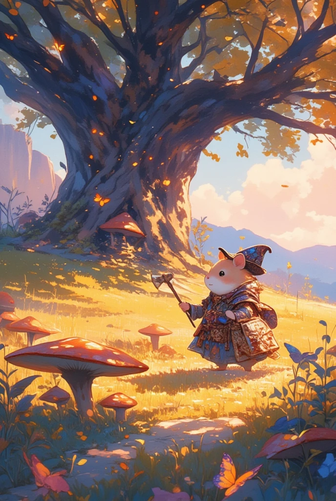 Craft an enchanting image of a valiant hamster, styled in a fantasy-themed bardic costume as it ventures through a world reminiscent of Final Fantasy. This small and endearing hero is adorned with a patchwork cloak designed with tiny, enchanted symbols, a jaunty, plumed hat elegantly tilted to one side, and a sparkling satchel for storing potions and scrolls. The scene unfolds in a dreamlike Pastoral Idyll, a mosaic of vibrant meadows, gentle hills, and soft, golden-hued fields. In this cinematic vista, ancient oak trees with sprawling branches tower majestically over the landscape, their leaves rustling with secrets of old. The hamster, a beacon of charm and music, pauses by a circle of toadstools, where it performs with an exquisite ocarina. Its notes seem to summon the very spirit of the earth, with butterflies and birds gathering to listen. Glowing fireflies add luminescent accents to the scene as dusk settles in, marking the sky with shades of lavender and deep azure. Encapsulated in a watercolor style, the image should evoke warmth, gentleness, and the allure of fantastical exploration.