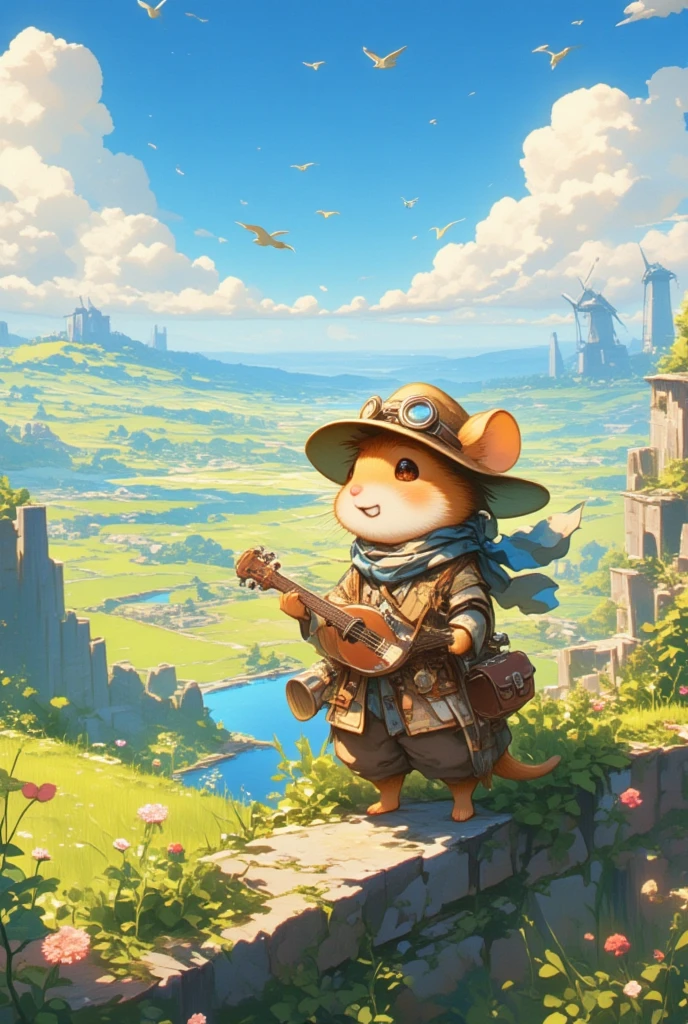 Craft an enchanting image of a valiant hamster, styled in a fantasy-themed bardic costume as it ventures through a world reminiscent of Final Fantasy. This small and endearing hero is adorned with a patchwork cloak designed with tiny, enchanted symbols, a jaunty, plumed hat elegantly tilted to one side, and a sparkling satchel for storing potions and scrolls. The scene unfolds in a dreamlike Pastoral Idyll, a mosaic of vibrant meadows, gentle hills, and soft, golden-hued fields. In this cinematic vista, ancient oak trees with sprawling branches tower majestically over the landscape, their leaves rustling with secrets of old. The hamster, a beacon of charm and music, pauses by a circle of toadstools, where it performs with an exquisite ocarina. Its notes seem to summon the very spirit of the earth, with butterflies and birds gathering to listen. Glowing fireflies add luminescent accents to the scene as dusk settles in, marking the sky with shades of lavender and deep azure. Encapsulated in a watercolor style, the image should evoke warmth, gentleness, and the allure of fantastical exploration.