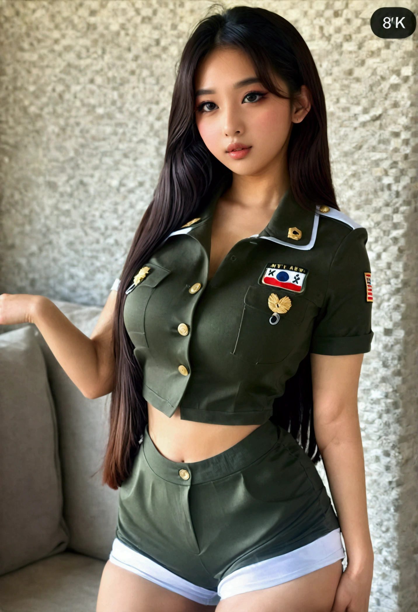 real life, realistic, (best resolution), (high quality:1.3), work of art, (8k), extremely detailed, (high details:1.4), solo, ((HotLexi)), ((Korean Ulzzang girl with 24 years old)), (army usa uniform, cropped, mini-shorts), (perfect model face:1.4), (hourglass hot perfect body, medium round breasts),