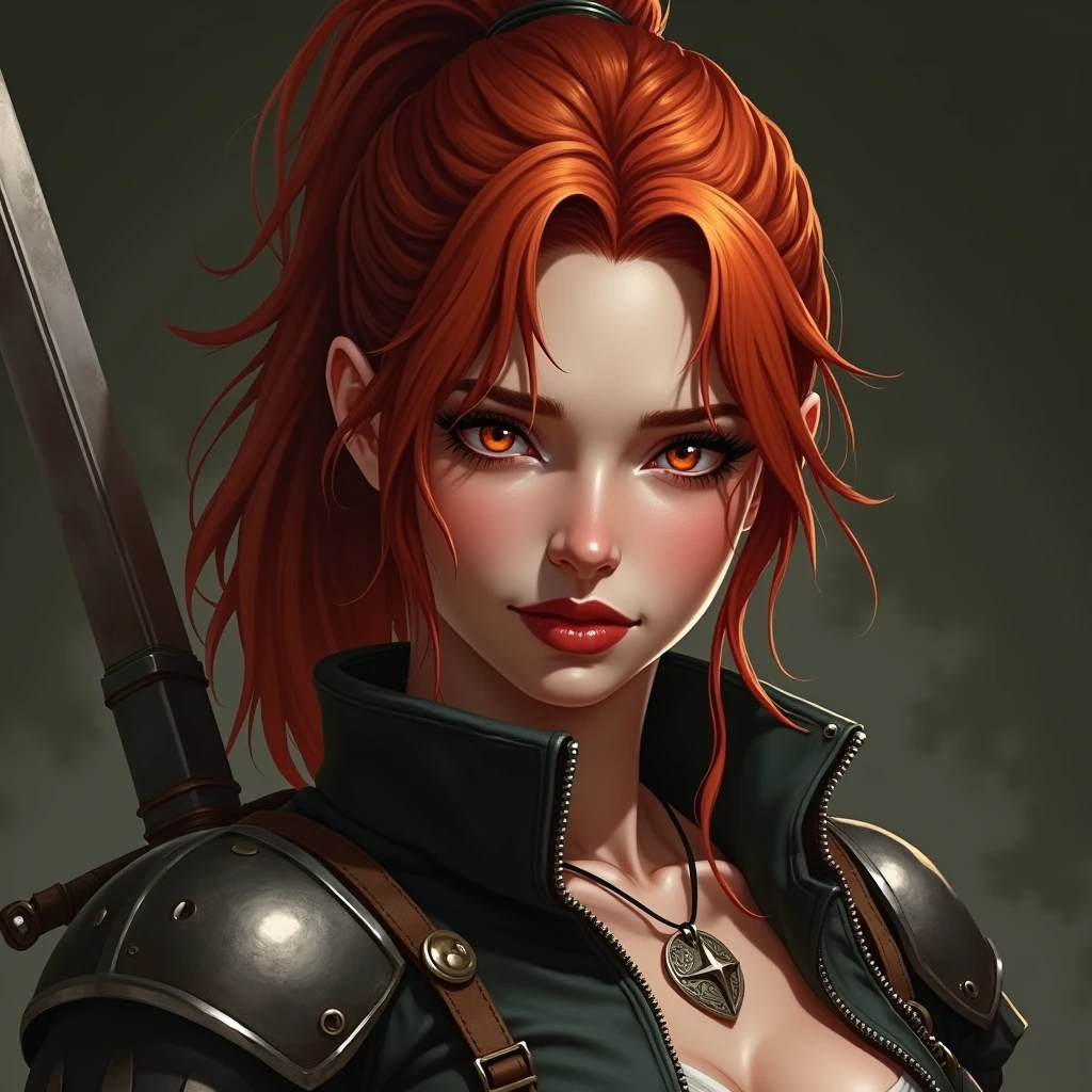 red haired pretty woman, holding medieval pistol, short ponytail, two heavy scars across eye, white eyes, smug and cocky smile expression, black and red leather top, portrait, medieval times, scar across eye, dreadlocks, drop shadow, wide shot, high detail, anatomically correct, masterpiece, highres, high quality, high details, 8k, retina
