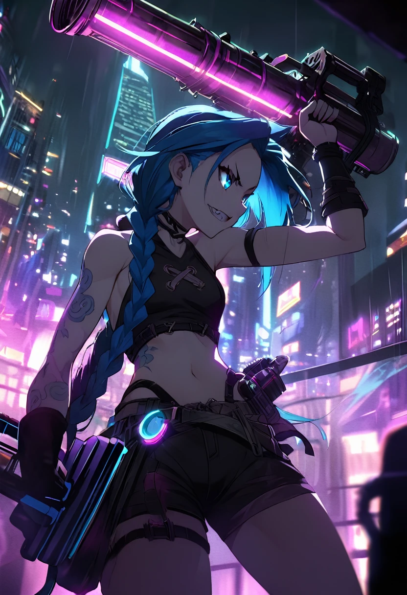 A dynamic image of a female character inspired by Jinx from Arcane, set in a futuristic neon-lit city. She has long, vibrant blue hair styled in two thick braids that fall to her waist, with loose strands framing her manic grin. Her right arm features stylized blue cloud tattoos, adding to her chaotic and creative aura. She is mid-air, leaping between skyscrapers in a daring, action-packed pose. Strapped across her back is Fishbones, a massive, shark-shaped rocket launcher with intricate metallic detailing and glowing blue accents along its jaws. In her hands, she grips Pow-Pow, her menacing minigun, with its rotating barrels and bright neon highlights, exuding an aura of raw power. The weapon is slung slightly at her waist, with visible scratches and a well-used aesthetic that matches her wild personality. Her punk-inspired outfit, featuring a cropped top, shorts, and utility belts with additional ammo and gear, completes her chaotic look. The neon cityscape behind her is alive with towering skyscrapers, holographic signs, and glowing lights in shades of purple, blue, and pink, reflected on the rain-soaked streets below, amplifying the intense, high-energy atmosphere.