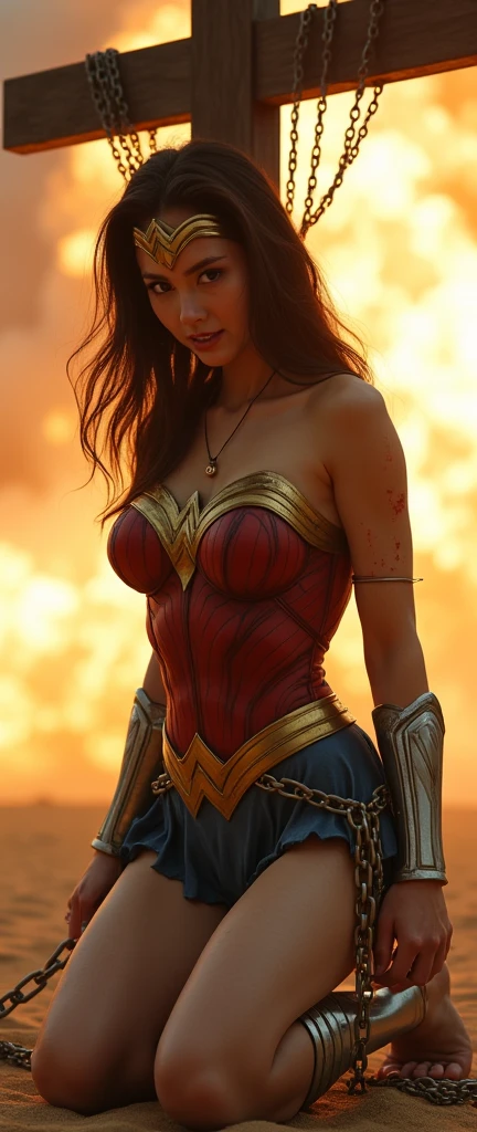 Cute Japanese、 wonder woman 。 live action with the gun you own 、 brown hair、masterpiece、beautiful girls、beautiful Eyes、Narrow eyes、 Eyes Swollen 、最 High Quality 、超 High Definition 、 movie lighting、Very beautiful、 wonder woman outfit。 very cute face 。 Japanese 20 years old、beautiful white skin、( High Definition )、( High Definition )、( Very detailed)、(beautiful, There's Something That Catches Your Eye )、( Very detailed) 、 detailed face 、(Draw the whole body、Japanese、I'In despair、 your clothes are dirty 、 Your Outfit Is Badly Torn 、Bruises on the body、desert、( wonder woman bathed in the blast is held on an iron cross with a steel chain 、 hands extended sideways and restrained with chains {x} legs tied to a cross 、 sunbathing in the explosion :1.8))、 bound by a huge heavy iron chain wonder woman 、Explosion behind、 bathing in the blast 、Dust clouds fly、On both knees
((( Full body super detailed )))、 Long Hit 、blast、十字架に拘束されている wonder woman 、 、 Exploding in a dying state 、 Disappointed 、Bow your head、希望が無くなっている
ONE GIRL , Alone, High Definition , 最 High Quality , masterpiece, anatomically accurate , High Definition モデル, high detail , High Quality , Very detailed, Ultra High Definition, textured skin, Canon, NIKON, Sony FE, Sony FE GM, realism,