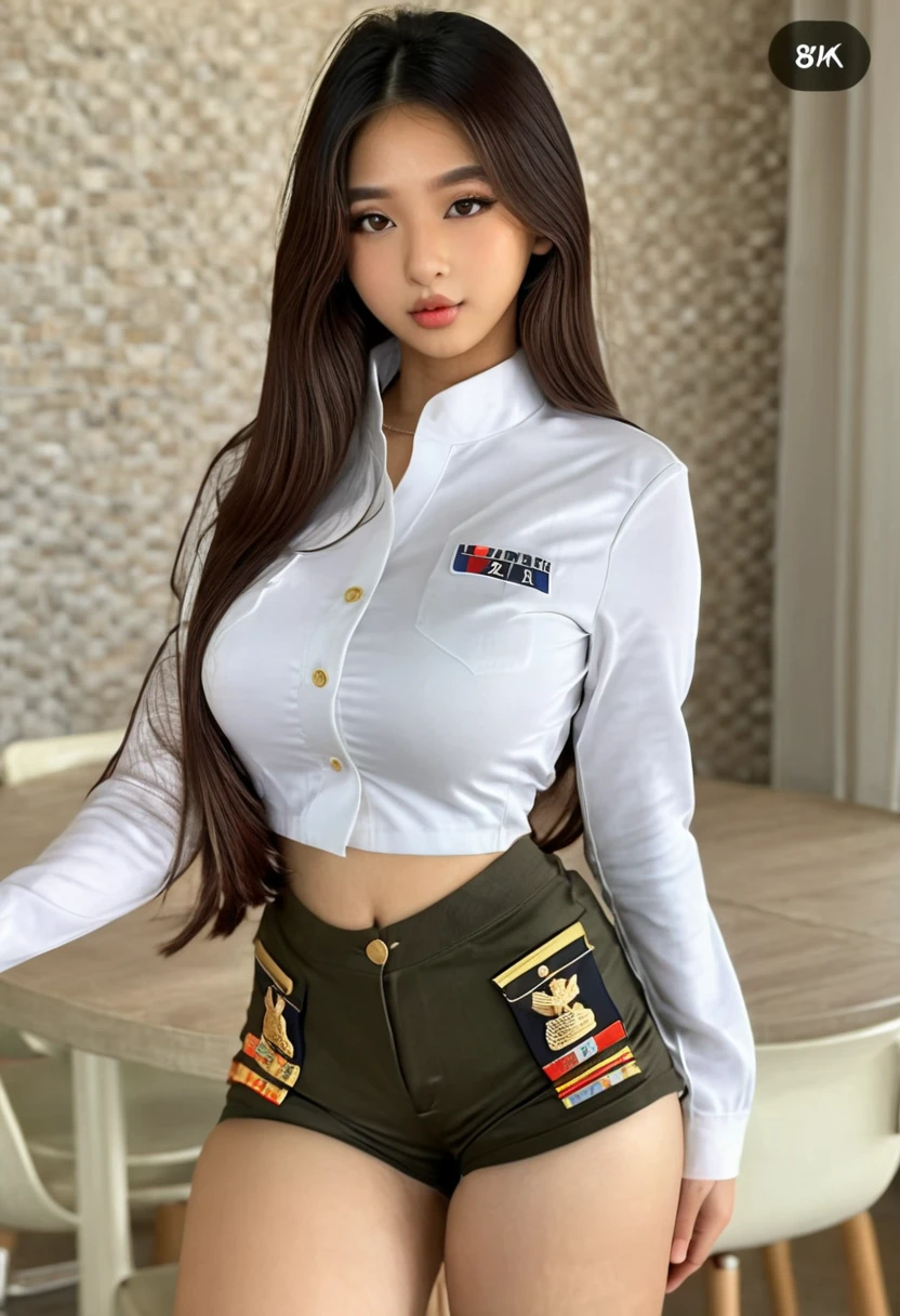 real life, realistic, (best resolution), (high quality:1.3), work of art, (8k), extremely detailed, (high details:1.4), solo, ((HotLexi)), ((Korean Ulzzang girl with 24 years old)), (army usa uniform, cropped, mini-shorts), (perfect model face:1.4), (hourglass hot perfect body, medium round breasts),