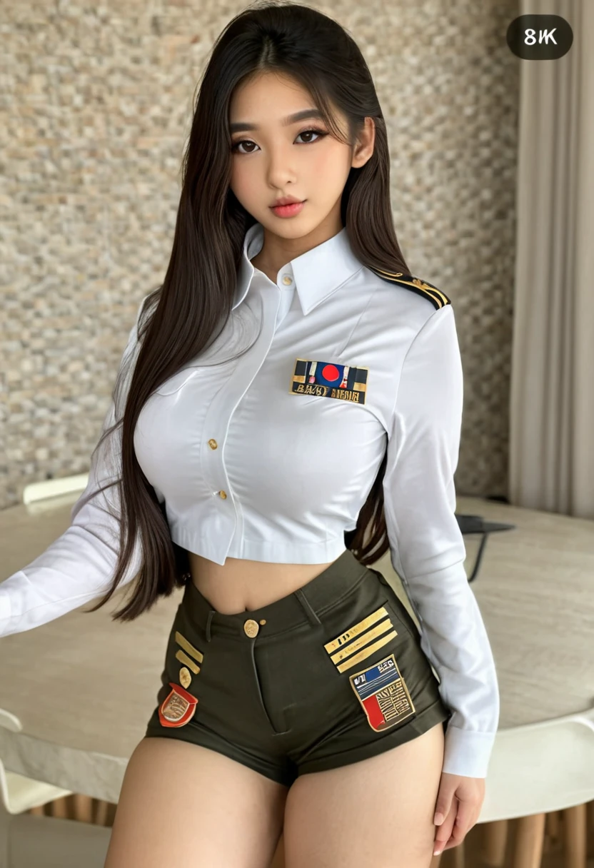 real life, realistic, (best resolution), (high quality:1.3), work of art, (8k), extremely detailed, (high details:1.4), solo, ((HotLexi)), ((Korean Ulzzang girl with 24 years old)), (army usa uniform, cropped, mini-shorts), (perfect model face:1.4), (hourglass hot perfect body, medium round breasts),