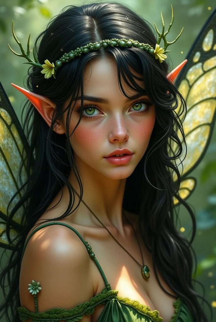 Painting style realistic fairy, facing camera, green eyes, black hair with blonde highlights