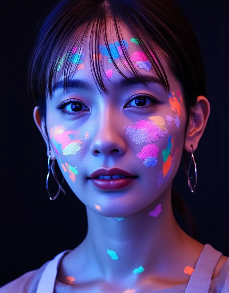 A highly detailed full-body portrait of an Asian woman. Her face and upper body are covered in splashes of neon fluorescent paint, which glows brilliantly under UV black light. Her expression is calm and serene, while vibrant colors such as pink, purple, orange, and blue dance on her skin. The glowing paint creates abstract patterns on her face, neck, and shoulders, while spots and streaks of bright neon colors enhance the dreamy atmosphere.

The lighting is dramatic and minimal, with UV light illuminating the fluorescent paint, making the colors pop against the dark, almost pitch black background. The contrast of the neon tones and shadows highlights the glow of the paint, giving the image a surreal, otherworldly feel. The texture of the paint is sharp and detailed, while the soft lighting highlights the contours of her face, creating a beautiful interplay of light and shadow. The overall atmosphere is artistic, futuristic, and seductive, with a focus on the glowing vibrant colors and the serene expression of the subject. "
Key Elements (embedded in the prompt)
Neon Fluorescent Paint: The subject's face and body are adorned with splashes of vibrant fluorescent paint that glow under UV light, creating an abstract, artistic effect.
UV Blacklight Lighting: UV lighting illuminates the fluorescent paint, making the neon colors pop against the dark background.
Dark, Minimal Background: The dark background provides a strong contrast, allowing the glowing colors to stand out vividly.
Soft Lighting on Face: Soft lighting creates a beautiful interplay of light and shadow, highlighting the subject's features while keeping the focus on the neon colors.
Otherworldly Artistic Vibe: The overall vibe is futuristic and fantastical. It captures the surreal beauty of the paint glowing under UV light.