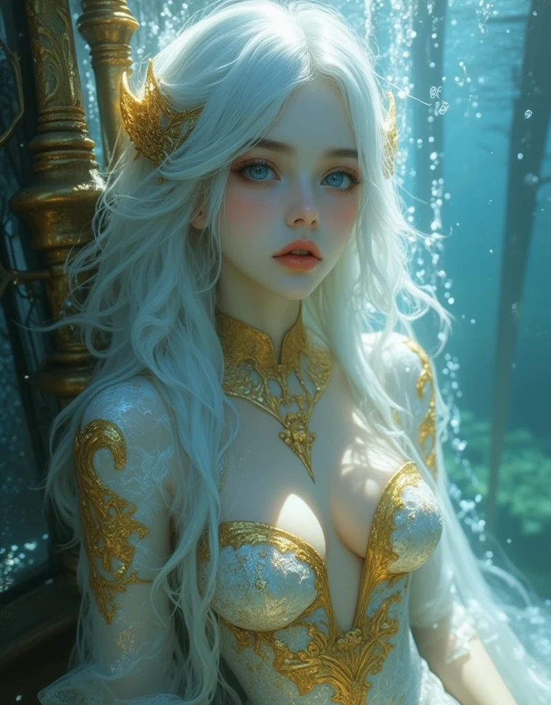 (white style),Hyper-realistic portrait of an ethereal, beautiful woman with striking blue eyes and flowing white hair, wearing a extremely detailed gold gothic long-dress. She is under the deep water and her beautiful long hair is flowing in the water . The sunlight shines into water , casts her body and face soft and gently under water . 