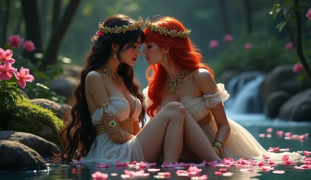 (masterpiece, best quality:1.5), highest quality, High resolution, super detailed, Realists, Upper body of the red-haired princess, detailed and beautiful eyes, beautiful detailed lips, very detailed eyes and face, longeyelashes, Princess in royal dress, Beautiful and colorful makeup, elegant and noble々Pose,shiny crown and jewels, Royal gardens as background, soft daylight, bright colors, fine brushstrokes, Portrait style, Simple details in the dress fabric, beautiful color palette, glowing skin, First-class rendering, that captures every detail, enchanting atmosphere, subtle shadows and lights, (perfect anatomy:1.2), (Two stunning princesses lie in the water and are deeply in love:1.4), (kiss:1.2)