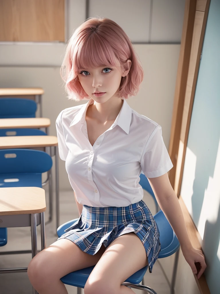 (1girl:1.3), Masterpiece, Best quality, amazing beauty, 4K, absurdres, finely detail, super detailed eye, perfect anatomy, official art, cinematic lighting, BREAK, room, silky short hair, pink hair, facing this way, glasses, wince , BREAK , sitting bed in bedroom, BREAK , (school uniform:1.2), BREAK,()