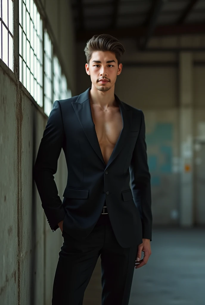A 2 male mode oval face shape, standing at 1.81 cm tall, weighing 55 kg, with brown eyes and brown hair, showcasing a defined, toned physique with visible abs. He exudes a modern, minimalist fashion sense, dressed in a sleek, fitted outfit that emphasizes his lean build. The setting is bright and minimalistic, highlighting the model's sharp features and confident yet approachable demeanor