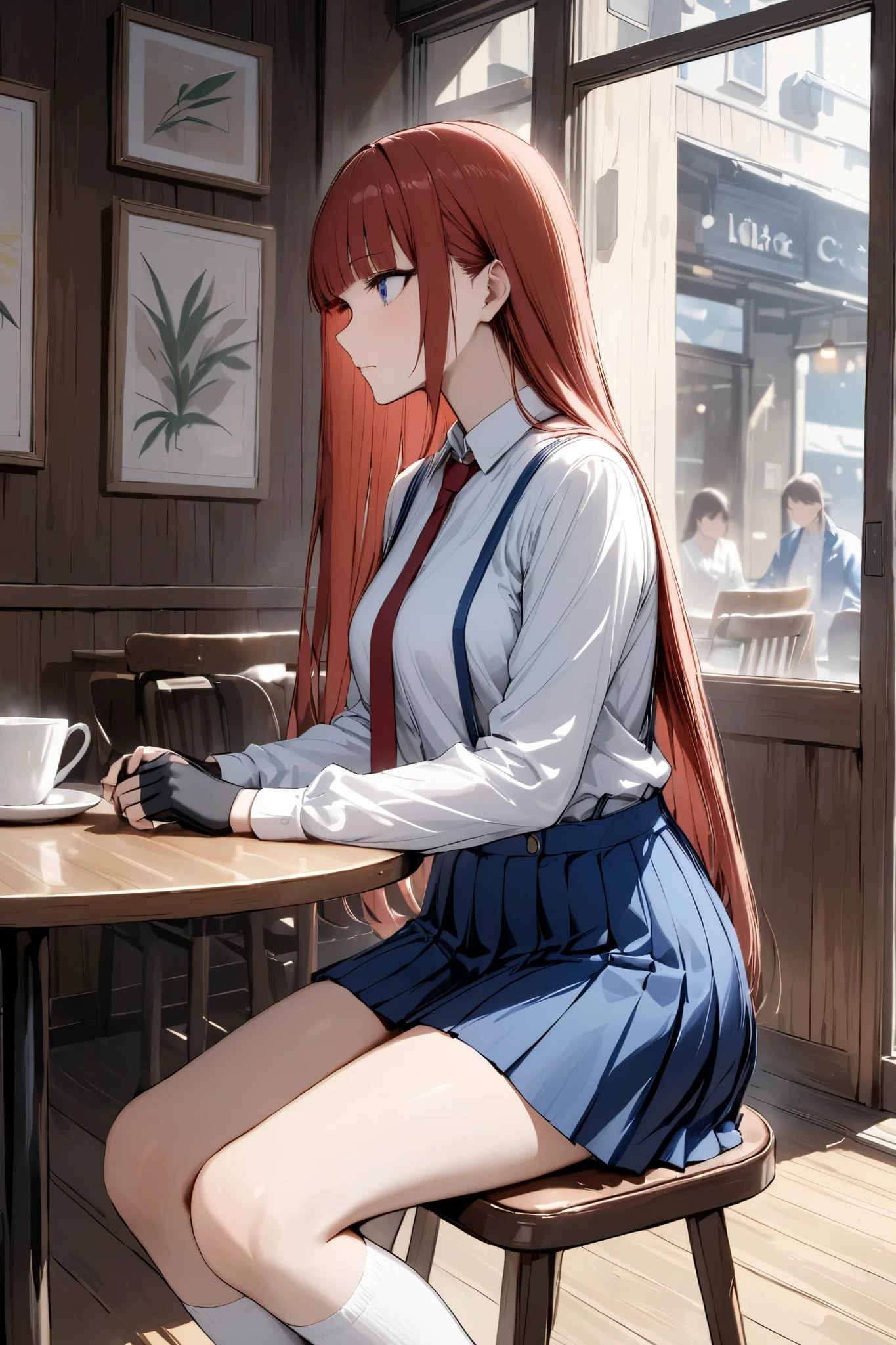 from side,cowboy shot,Woman sitting on chair, inside of cafe,Beautiful thighs, hand, {{masterpiece}}, {{{Highest quality}}},{{Very detailed}},blue suspenders, blue Pleated Miniskirt,white Long sleeve white blouse, loafers,black fingerless gloves,Red tie,White socks,,red hair,Straight hair,Long hair , blunt bangs,