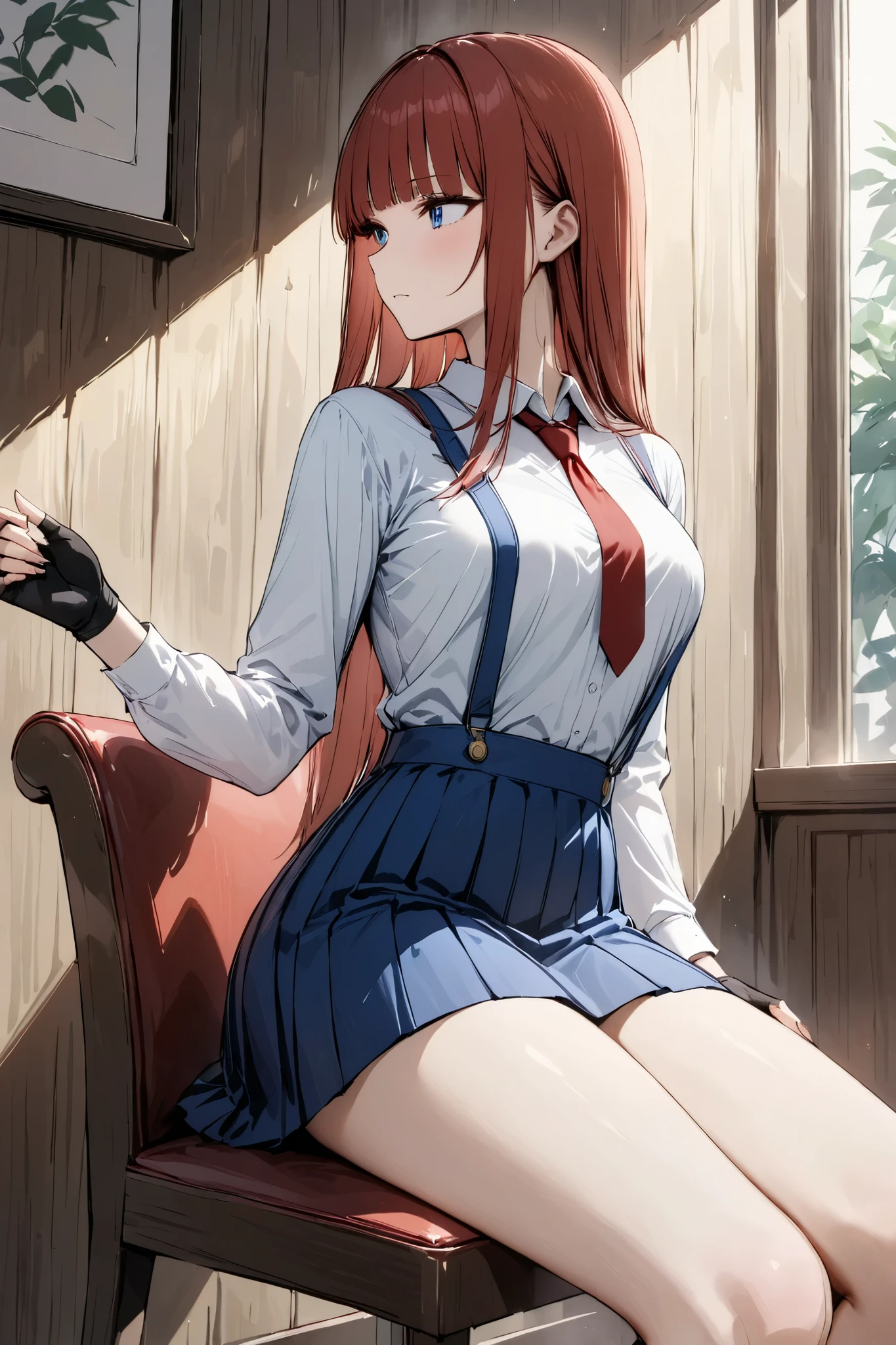 from side,cowboy shot,Woman sitting on chair, inside of cafe,Beautiful thighs, hand, {{masterpiece}}, {{{Highest quality}}},{{Very detailed}},blue suspenders, blue Pleated Miniskirt,white Long sleeve white blouse, loafers,black fingerless gloves,Red tie,White socks,,red hair,Straight hair,Long hair , blunt bangs,