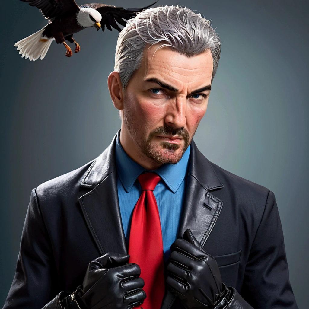 Picture in 3D. man, standing at full height, in the image of Hitman (Agent 47) brunette dark hair color, barely noticeable gray hair, with blue eyes, beard on the chin, also a moustache above the upper lip. dressed in a black suit, , a blue shirt and a red tie tied. On the hands are black leather gloves. In his right hand, pressed to his chest, is a knife, point down. In his left hand at chest level is a pistol.