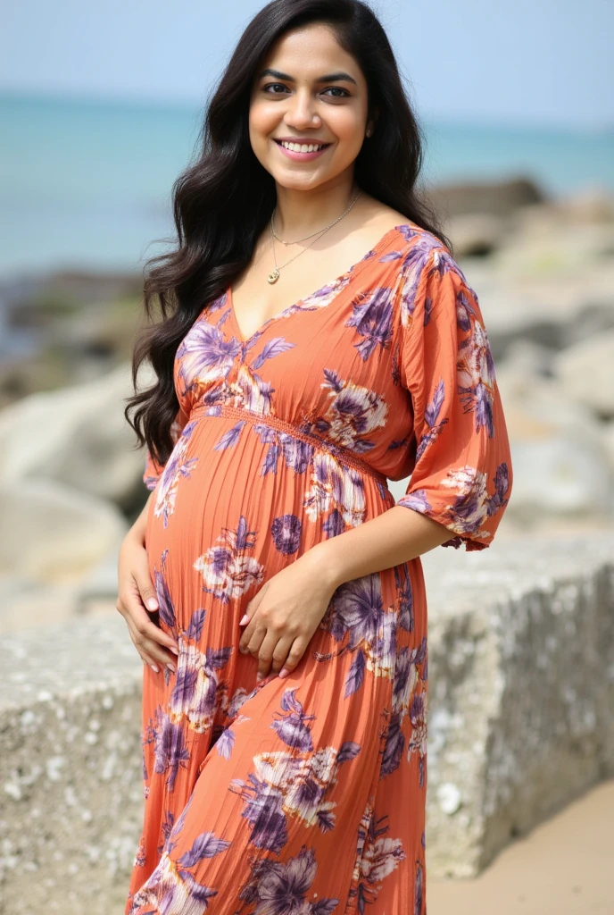 RAW PHOTO, her name is rithu , high quality, 1woman, ((38-year-old curvy indian woman)), (((38 years old))), ((curvy body)), ((wrinkled body)), (((pregnant body))), (((long hair))), she is wearing a modest Generation X flowy beach wear, POSE: standing, BREAK, BACKGROUND: outdoor, rocks by the beach, film grain, instagram photo