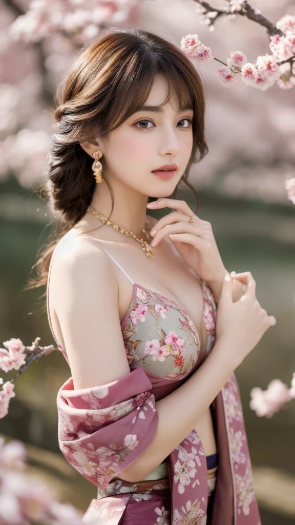 masterpiece, extremely detailed CG unity 8k wallpaper, 1girl, beautiful, realistic, blurry background, blurry foreground, branch, brown hair, plum blossom, depth of field, earrings, flower, jewelry, nose, realistic, solo, Chinese clothes, fingers hidden, arms hidden, only wearing a bra, (((split chin)))