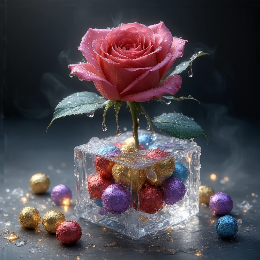  Rose flower whose each petal of a different color , Beautiful Fresh and Alive Golden veins are visible in green leaves on the rose ,  The flower lies next to a box with a transparent crystal box containing chocolate products, round candies tied with a red and purple bow, everything is on a beautiful small round glass table with elegant legs to the bottom. The table looks like a misty haze, Night,  moonlight falls on the Table Illuminating and reflecting the moonlight, beautiful stars also reflect on the table and sparkle brightly in the sky , very beautiful and elegant, masterpiece,  Complex Details ,  better quality,  ultra detail, 8 k,