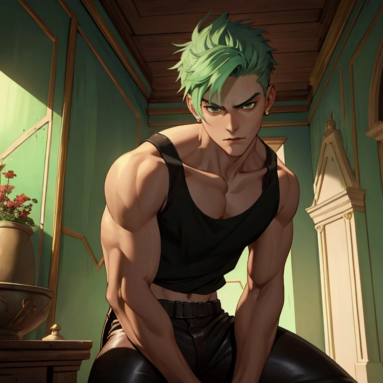 an eighteen year old boy, mint green hair, buzzcute style, beautiful square face, thin body, white skin, he is in a castle room, he is wearing a loose black tank top and tight brown leather pants, he is serious,