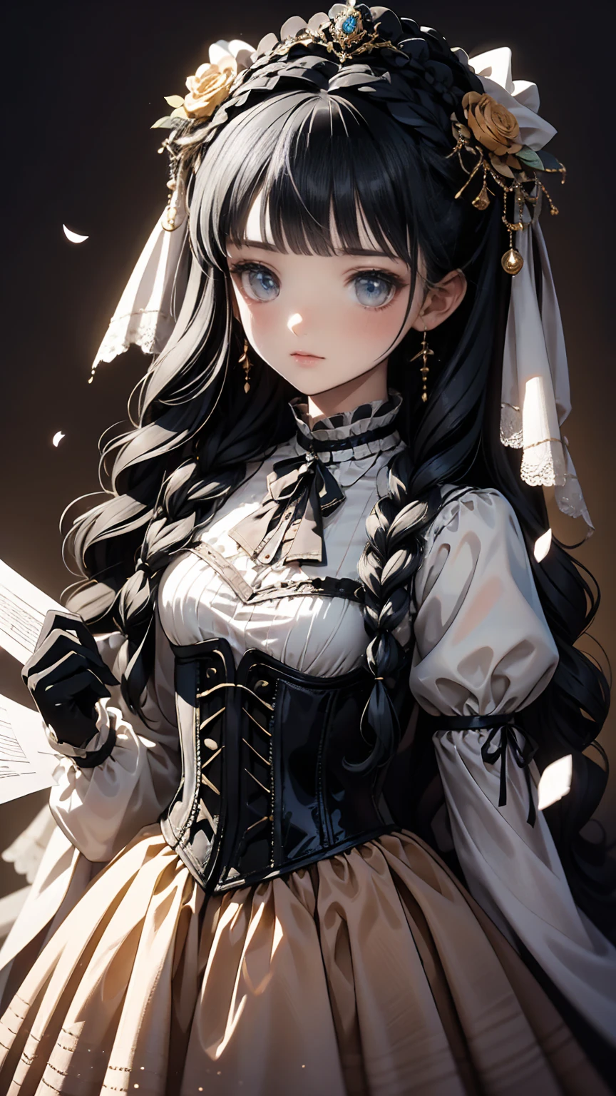 (masterpiece), ( best quality),  illustration of a Victorian girl  、cute girl、Anime、 1. **Low Fashion**:  Victorian fashion 、 are characterized by gorgeous and elegant designs 。Ruffles and lace、  Corset  、  incorporate elements such as long dresses  。 2. **Hairstyle on**:  Victorian women's hairstyles 、 lots of complicated and delicate things  。Upstyling and curls、 At the prompt 、  It's also good to wear ribbons, flower ornaments, etc. to your hair  .。 3. **features**: Girl with a gentle face 、beautiful、cute、 intelligent Beaty , beautiful 5. **  with Accessories  **:  Accessories played an important role in the Victorian era 。 have 、Gloves、[umbrella, hang on.、  By drawing accessories with attention to detail with prompts 、 、  you can give your character personality  。 Nice dress、Floral、  Gorgeous Costumes  、  pastel colors, ( Shining brightly ), (( is dazzling)), ( lots of petals drifting , ((2D)), ((Paper Art))
