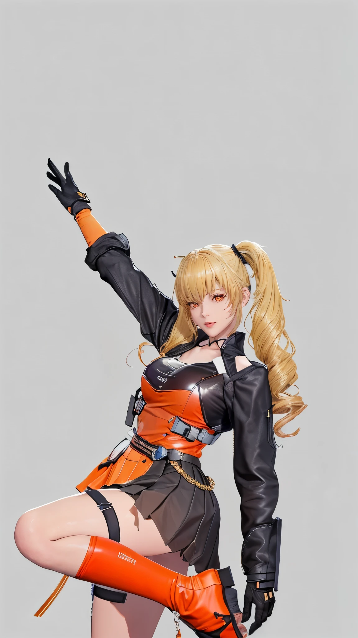 (（（figure，御姐figure,White and tender skin,（（（FenNib , long_sleeves_skirt, red_single_thighhigh, thigh_holster, elbow_gloves, strap, ）））,(（（twintails, Blonde_hair, orange_eyes,））),，((masterpiece)), highres icon,((Best quality at best)),masterpiece,quality,Best quality,(（（  looking at the audience， is open to the audience,Light in the eyes，happy，lol）））， huge ， blue background）））