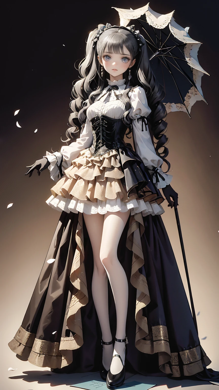 , full body view,Head to toe composition, (masterpiece), ( best quality),  illustration of a Victorian girl  、cute girl、Anime、 1. **Low Fashion**:  Victorian fashion 、 are characterized by gorgeous and elegant designs 。Ruffles and lace、  Corset  、  incorporate elements such as long dresses  。 2. **Hairstyle on**:  Victorian women's hairstyles 、 lots of complicated and delicate things  。Upstyling and curls、 At the prompt 、  It's also good to wear ribbons, flower ornaments, etc. to your hair  .。 3. **features**: Girl with a gentle face 、beautiful、cute、 intelligent Beaty , beautiful 5. **  with Accessories  **:  Accessories played an important role in the Victorian era 。 have 、Gloves、[umbrella, hang on.、  By drawing accessories with attention to detail with prompts 、 、  you can give your character personality  。 Nice dress、Floral、  Gorgeous Costumes  、  pastel colors, ( Shining brightly ), (( is dazzling)), ( lots of petals drifting , ((2D)), ((Paper Art))
