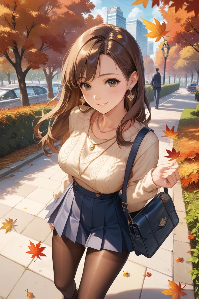 ( 1 girl:1.3), (Photographically:1.4), (masterpiece,  best quality,  best quality,  Official Art),  extremely detailed, HIGHEST DEFINITION , ( super detailed), (( very delicate and beautiful)),  dappled sunlight ,  Falling Autumn Leaves ,  Contemporary ,  Long Silky Hair , ( brown hair),  She's Taking a Walk in the Park, In the evening, sweater,  pleated skirt, 黒 pantyhose, pants are visible, pantyhose, Small Leaf Earrings ,  Necklaces , the above, shy, smile,  24 years old,  thin waist,  wide shot,  dynamic angle without carrying a bag, crouching with crotch widening ,front