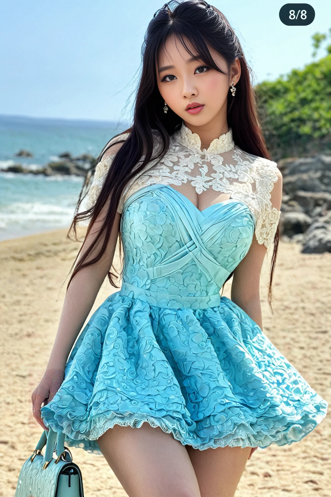 ((high quality:1.2)), Work of art, (8k), extremely detailed, ((High detail:1.2)) ((best resolution)), (Hotlexi woman), Solo, 24 year old Korean Ulzzang female, dress,