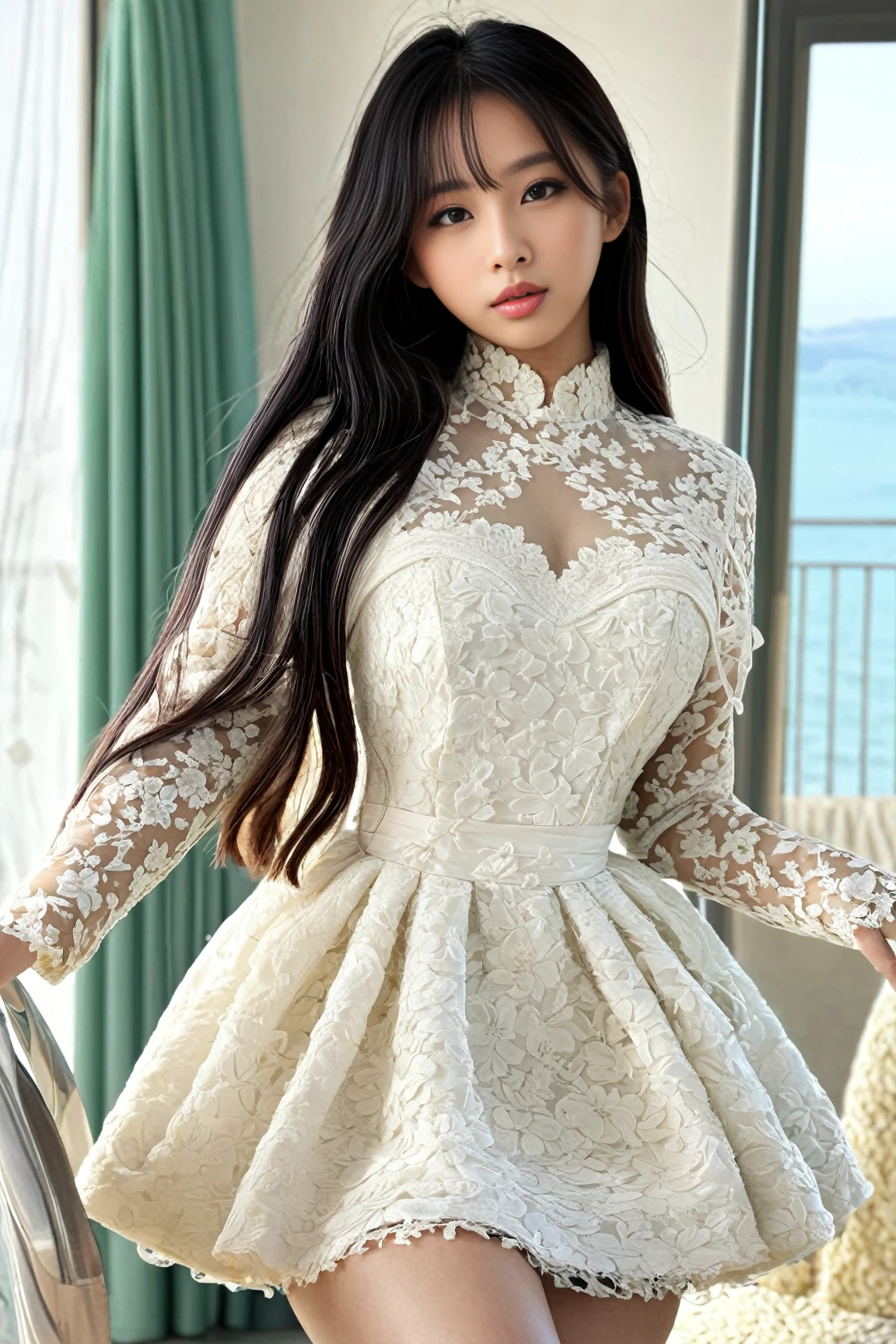 ((high quality:1.2)), Work of art, (8k), extremely detailed, ((High detail:1.2)) ((best resolution)), (Hotlexi woman), Solo, 24 year old Korean Ulzzang female, dress,