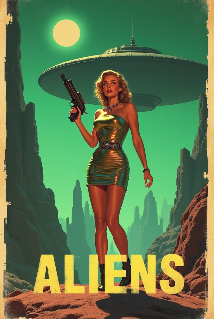 A painting of a topless woman being abducted by a flying saucer, Greg Hildebrand, Tim Hildebrandt, Glenn Angus, inspired Written by Mort Künstler, Ed Emshwiller, Tim and Greg Hildebrandt, 5 0s Pulp SF Illustration, UFO kidnapping, Spooky sky、Written by Mort Künstler, inspired Greg Hildebrand
