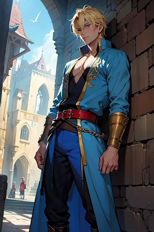 young guy, star wanderer, blond, blue eyes , masterpiece, fantasy, magic, Intense color , stands full length , in , on his arms , the one who is waiting, blue clothes, red belt, anime style