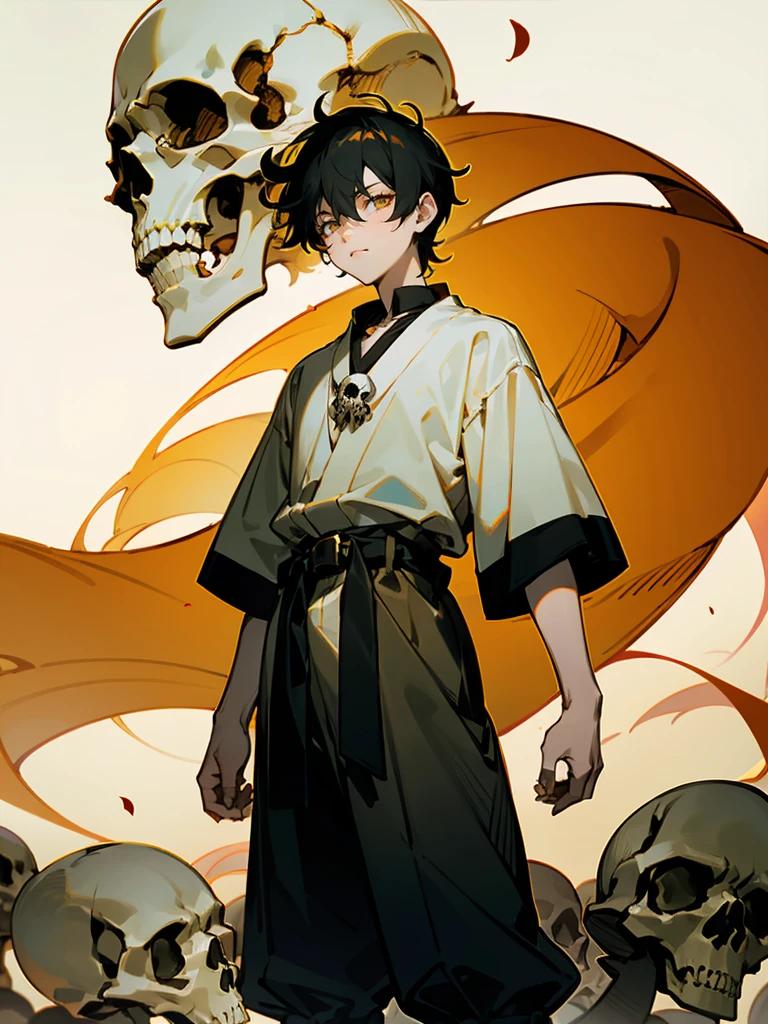 1male , Black Hair , White Highlighted Hair, White Ombre Hair , Calm Expression, Teen Male , Gold Eyes , Pale Skin , Black Baggy Yukata , Black Sash Belt , Standing in village , Skull Pendant