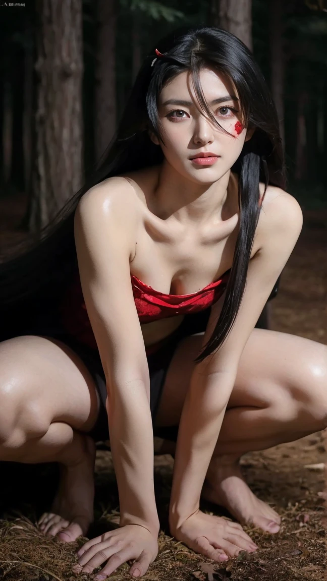 (masterpiece), best quality, expressive eyes, perfect face, red eyes, lips, naked, breasts, collarbone, nipples, waist, thin, pussy, long hair cut, nighttime, forests, outdoor, camp fire background, busty body, pov, sadist smiles, hairstyle, vagina, smile, hungry, pubic hair, full body, agk hair ornament, stand, akame, spread pussy, anal object insertion , cum in pussy, ahegao, fucked silly, akame, long hair, black hair, (red eyes:1.3), hair between eyes