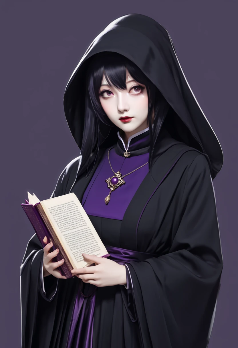  The eyes are very delicate ，a woman in a Nuns outfit holding a book, Nuns, Nuns outfit, Nuns fashion model, vampire Nuns, Wearing a black robe, an evil Nuns,  Official Art,  Wearing a Dark Purple Robe ,  Outstanding True God , Kitagawa Marin fan art, :14 80s anime style, Ame no Marisa , Inspired by《holy.  Lucy Legend Master 》