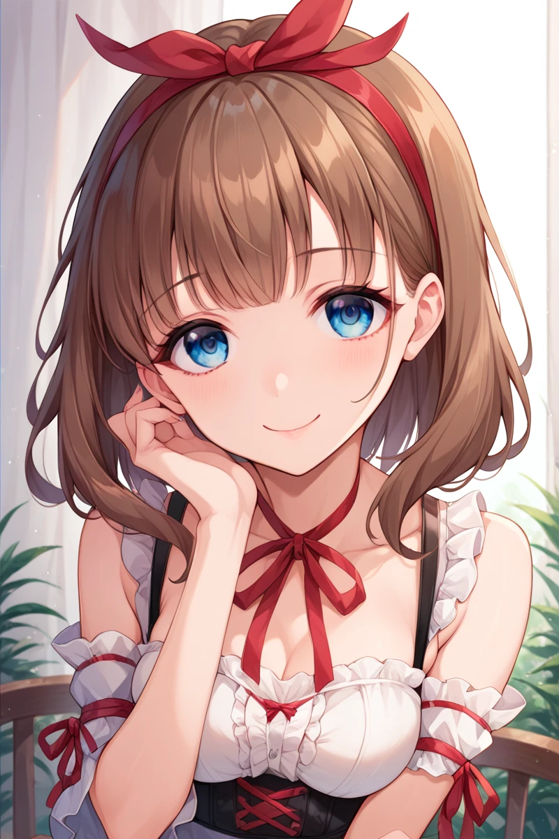 Sakuma Eyebrows,  1 girl,  blue eyes,  headband,  is watching viewers,  red ribbon, frills, smile,  yandere, ( score_9, score_8_up, score_7_up, score_6_up, score_5_up, score_4_up), brown hair