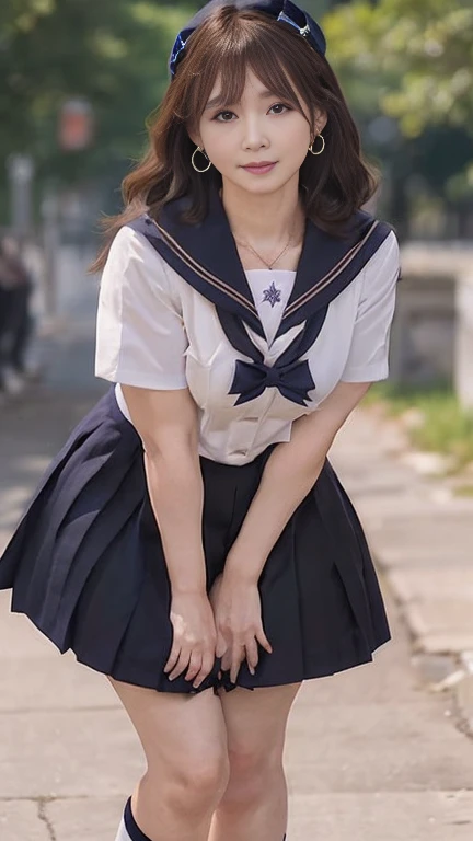 full body shot, from below,  japanese mature, 50 years old,  detailed face , Facial wrinkles, smile,  detailed skin texture ,  white skin, (curvy body:1.5), ( school uniform,  sailor suit , JK_style, short-sleeved JK_sailor,  Navy Blue Pleated Miniskirt, earrings,  Necklaces :1.2), (Short socks,  wearing loafers :1.2), ( full body shot from toe to head wearing black high heels,  standing in the park:1.2), ( surrealism, best quality, ultra detailed, absolutely resolution, 8k, anatomically correct), depth of field, looking at viewer, tachi-e, (KE),  natural light, full body