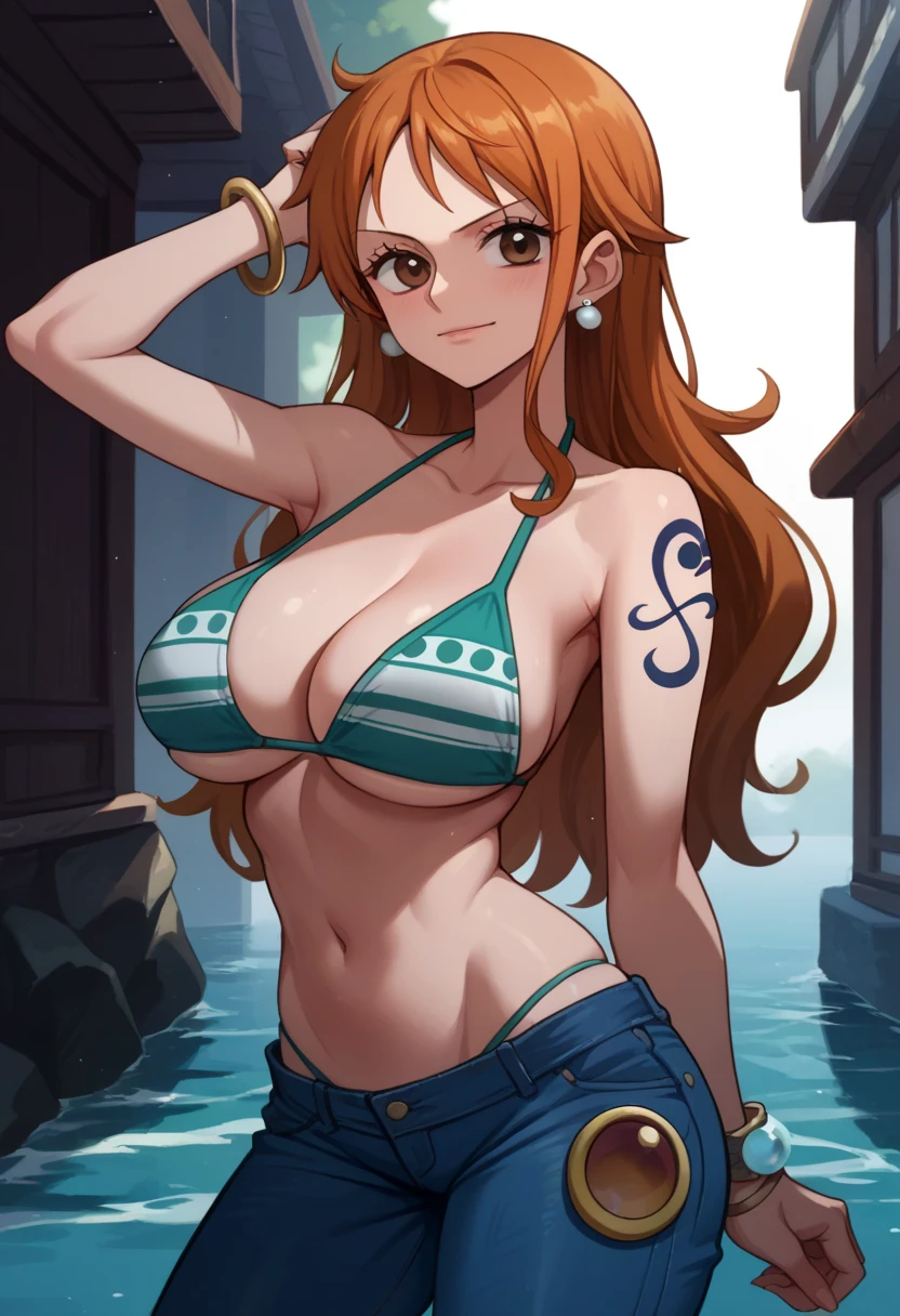 jewelry, swimsuit, bikini, earrings, pants, , bracelet, denim, bikini top only, jeans, tattoo, nami, long hair, orange hair, brown eyes, big breasts
