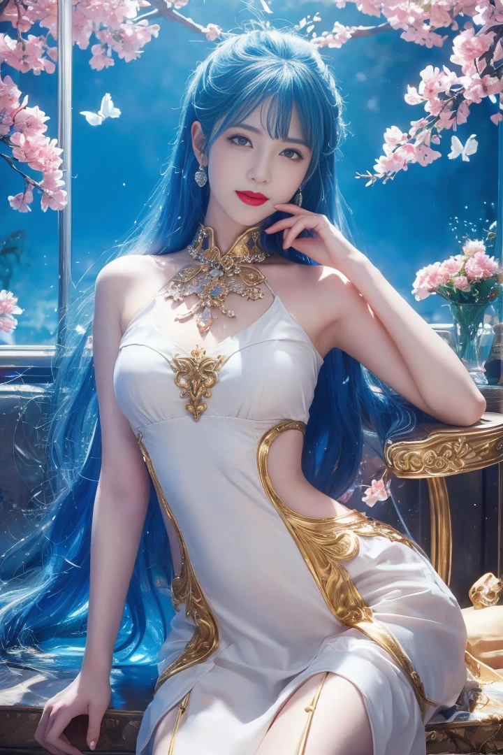 brynhildr lancer fgo,16-year old,pure,happy,laurel wreath,wedding dress,shyly pose,distant gaze, pretty round face,tall,very skinny,slender,light blue hair, cross-cut bangs strongly leans to the right,detailed hair
