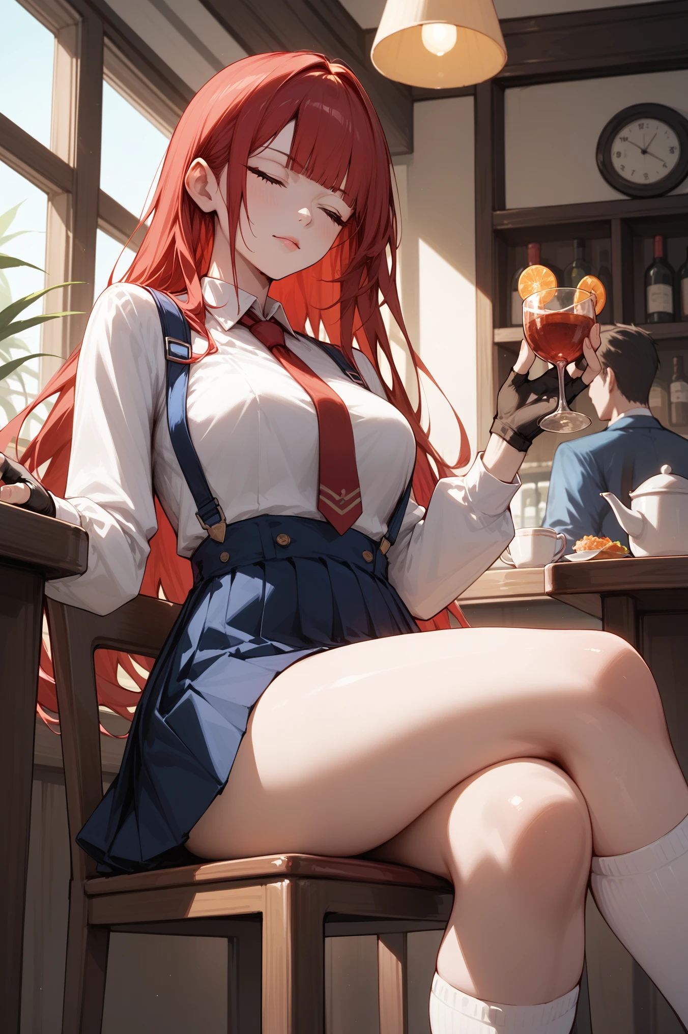 Both eyes closed.cowboy shot,Woman sitting on chair, inside of cafe,Beautiful thighs, hand, {{masterpiece}}, {{{Highest quality}}},{{Very detailed}},blue suspenders, blue Pleated Miniskirt,white Long sleeve white blouse, loafers,black fingerless gloves,Red tie,White socks,,red hair,Straight hair,Long hair , blunt bangs,