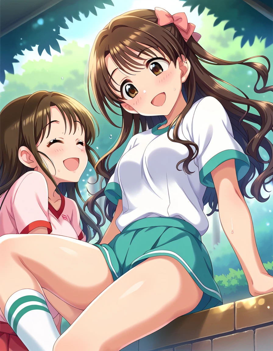  score_9,  score_8_Excellent,  score_7_Excellent,  source_Anime,
evaluation_ sensitive , Sexually suggestive,
Multiple female nurses having fun at ,  ahe face, Joy, ( lesbian sex，)( shellfish mix，)
Outdoor, Sunbeam,股間をあわせる，
 sorry, Long Hair,  brown hair,  wavy hair,  one side Excellent,    hair bow ,  Brown Eyes ,  medium chest to fit your crotch, 
Gym clothes, 白いGym clothes, Don't put your shirt in ,   red bulma , socks,  sneakers, Thighs, 
 Detail Eyes, Eye Reflexes,