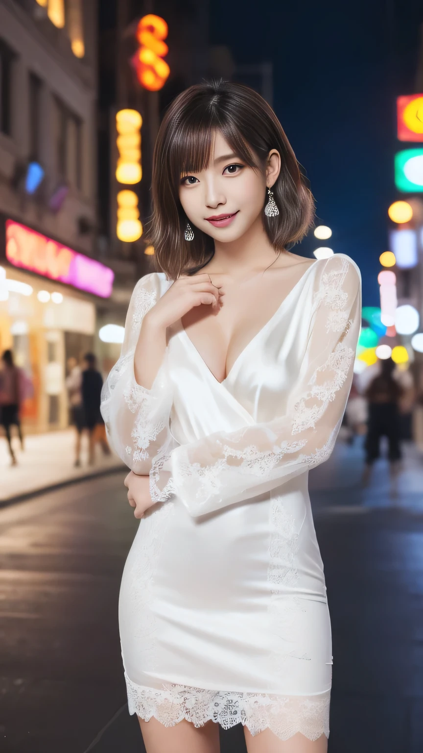 8K, table top, RAW photo, highest quality, realistic, Highly detailed CG Unity 8K wallpaper, Depth of bounds written, cinematic light, Lens flare, ray tracing, (very beautiful face, beautiful lips, beautiful eyes), face with intricate details, ((super dense skin)) 1 girl, in the dark, deep shadow, cute korean girl, Flashy makeup with red eyeshadow,her shortcut, Delicate light brown hair is slightly disheveled with side waves.,wearing large ring earrings,K-POP idol, 1 girl, (very slim and slender fit muscular body:1.3), ((looking at the viewer)),(big smile:1.3), (sleeve fashion city night, Hand Precise,dark night, (neon sign), (blurred background), fashion street night),(no people in the background:1.3), beautiful earrings, bracelet, necklace, pantyhose, clear eyes, walk, (white skin), (big eye ace forward, ((upper body shot)), ((super mini color silk dress:1.3)),(brown hair),((tight fit lace dress)), (See through), open chest, very slim, medium breasts, backtracking,((buckshot)), See through, Medium Butt, Ultra Super Mini Skirt, updo hair,
