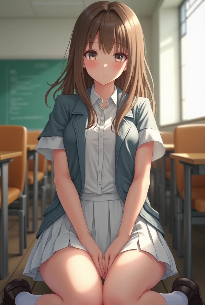 debris flieasterpiece、highest quality、Super detailed、High resolution、High resolution、8K portrait、Unity 8k壁紙のHigh resolutionCG、unity 8k wallpaper、cute:1.5、:1.5、Highly detailed CG unity 8k wallpaper、realistic、real person、cute、 portrait photography、shiny skin、High resolution、brown semi-long hair、(:1.2)、(1 girl)、(classroom:1.6)、(school uniform),perfect face, seriously, (blush:1.5),(((clothing lift:1.5))), (medium breasts:0.8), Detailed description vagina,show vagina,spread legs,spread ,((vaginal orgasm:1.5))
