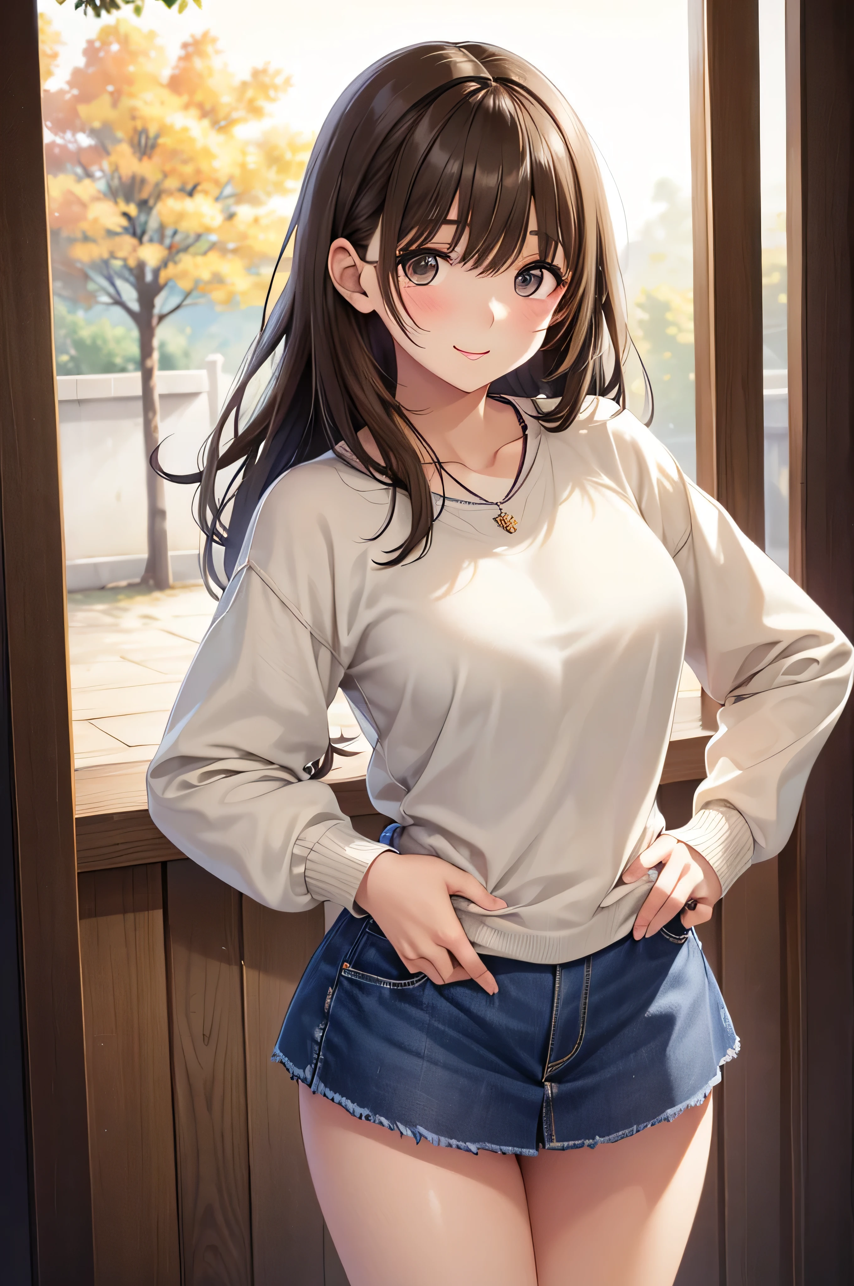place your hands on your hips no 、 shiny brown hair , long hair, ( Beautiful Brown Eyes 、Sparkling Eyes, fine grain)、smile、 super detailed eyes 、 high definition facial, High Detail Eyes, COWBOY SHOOTING 、
( best quality、8k、32K、masterpiece、:1.2)、Photos of cute Japanese women Pictures of beautiful Japanese women of all ages up to 、 middle of chest、delicate、Hands behind back、 Thin Thighs 、 upper body、(extra large_sweater:1.1),I took off my clothes、underwear、 Necklaces 、 simple background、Look around