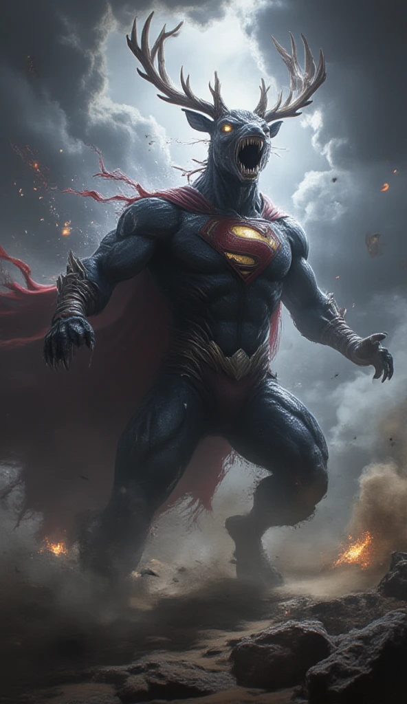 A powerful hybrid creature combining the muscular strength of a deer and the heroic features of Superman. The creature has a muscular, bodybuilder-like build, with prominent, bulging muscles on its arms and legs. Its face is a fierce deer’s head, with glowing eyes that radiate intensity and power. The body is covered in a tight, blue superhero suit, adorned with the iconic yellow 'S' emblem on the chest, and armored plating on the shoulders and chest. The creature wears a flowing red cape that sways in the wind, emphasizing its imposing presence. It lets out a thunderous roar, sending shockwaves through the air, with its mouth wide open, showing sharp teeth. The creature stands upright, firmly planted, ready to charge with its powerful, muscular legs. The background shows a vast, barren field under a dark and stormy sky, with strong winds blowing sand and debris around, creating a tense and dramatic atmosphere.