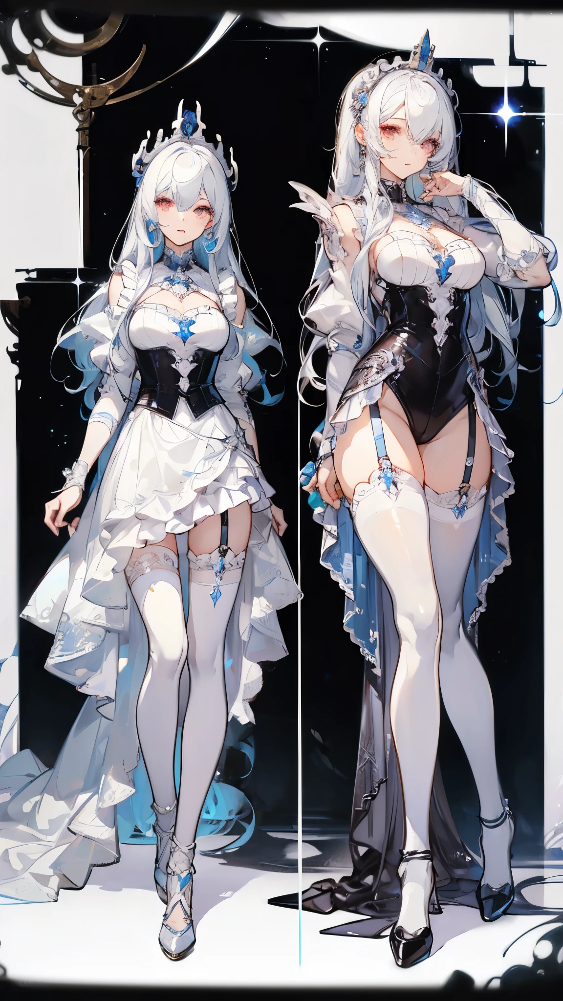 (tmasterpiece,Best quality at best,high high quality),1girll,((unfazed by)),sitted,looking at viewert,White hair,(long whitr hair,messy hair),red eyes,:(,floated hair,White stockings